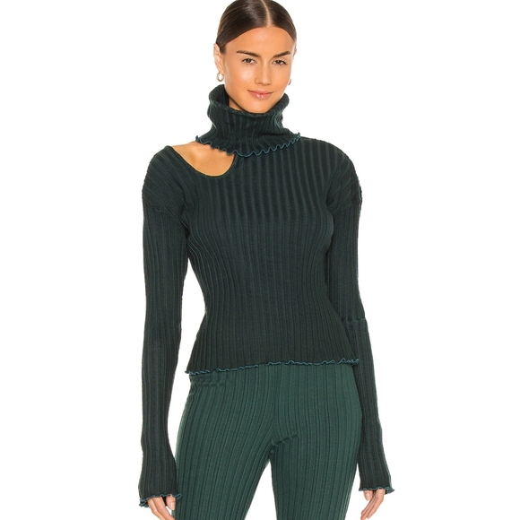 Lovers + Friends Tops - Lovers and Friends Cut-Out Turtleneck Top Sweater Ribbed Knit Emerald Green NWT
